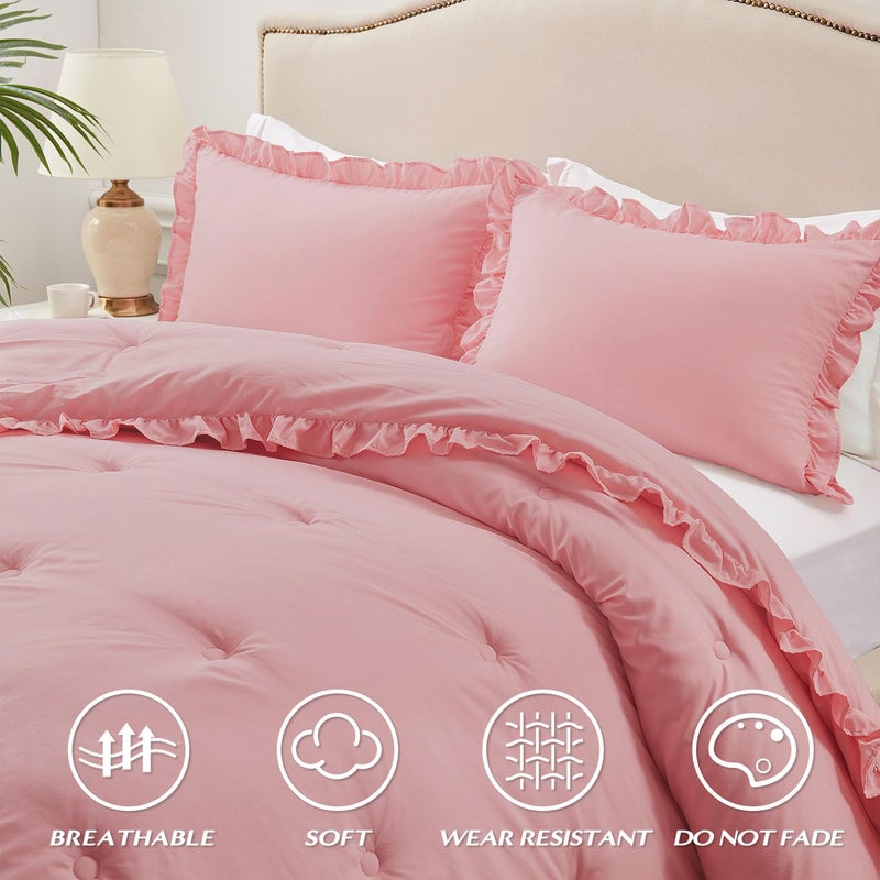 HARBOREST Queen Comforter Set - Pink Ruffle Comforter for Queen Size Bed, Fluffy Comforter Set, 3 Pieces Shabby Chic Bedding with 1 Comforter & 2 Pillow Shams - Image 3